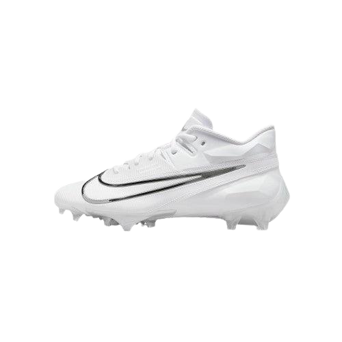 White Nike Vapor Edge Elite 360 football cleat with wide studs and sleek black swoosh design