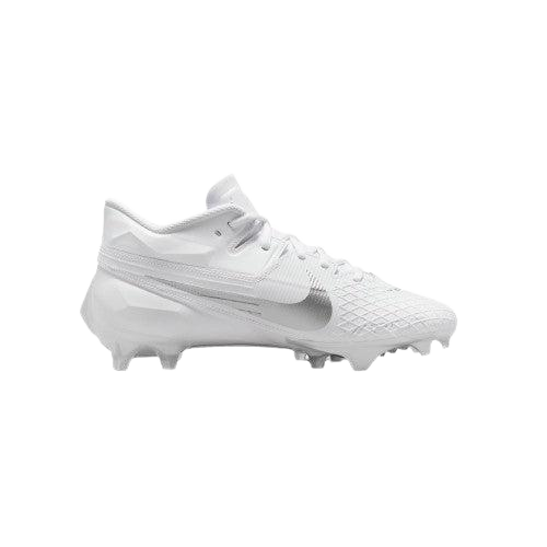 Nike Vapor Edge Elite 360 2 white football cleat with molded upper, wide stud placement, and lace-up design for flexible support and quick cuts.