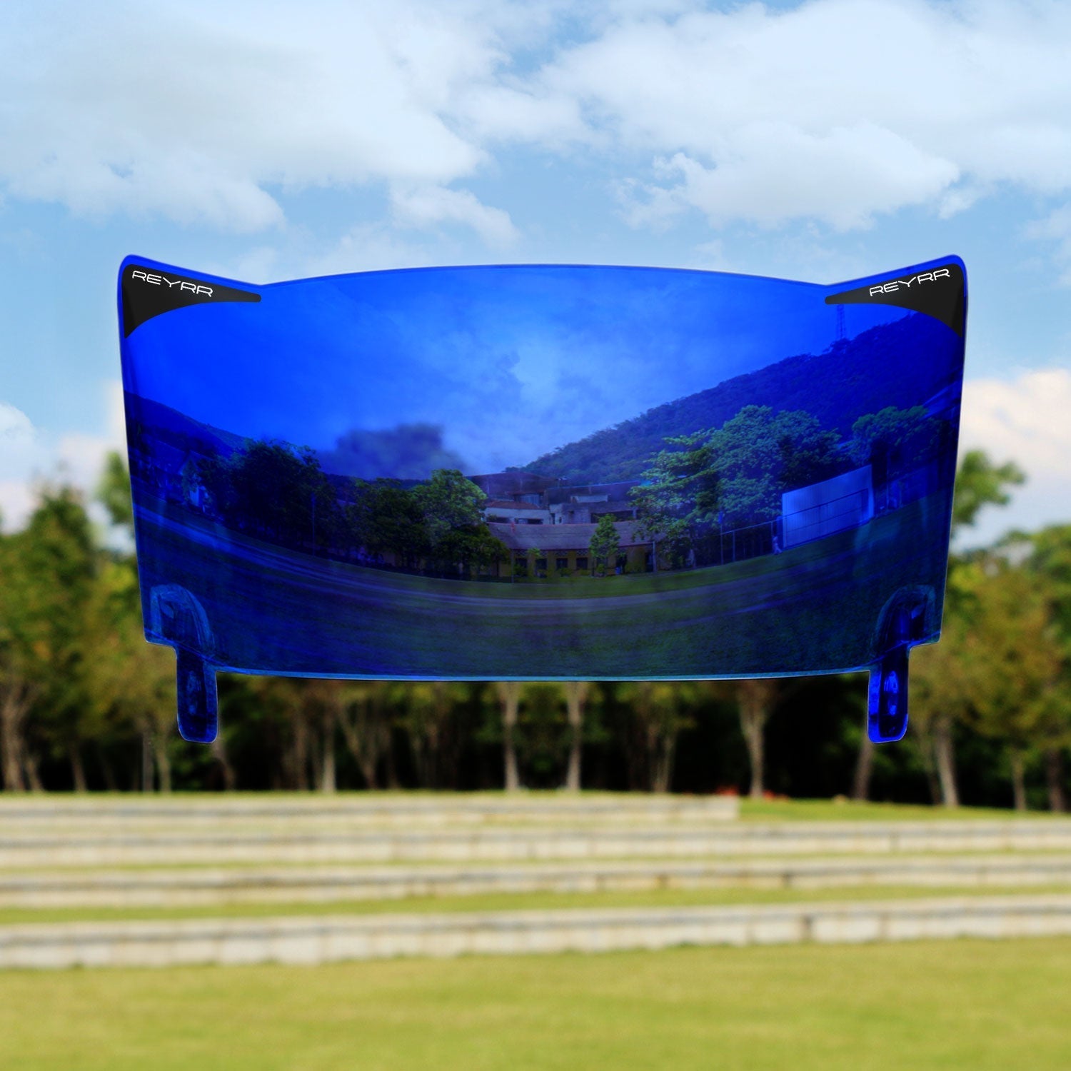 Reyrr VIZU DEEP OCEAN BLUE football visor with ultra-wide distortion-free lens, compatible with Riddell Speedflex and Schutt F7 helmets, featuring LuxeXray Optics and UV protection