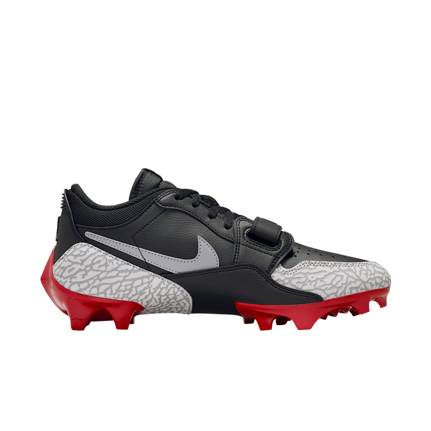 Jordan Legacy 312 Low TD cleat in black and cement grey, lateral view with midfoot strap