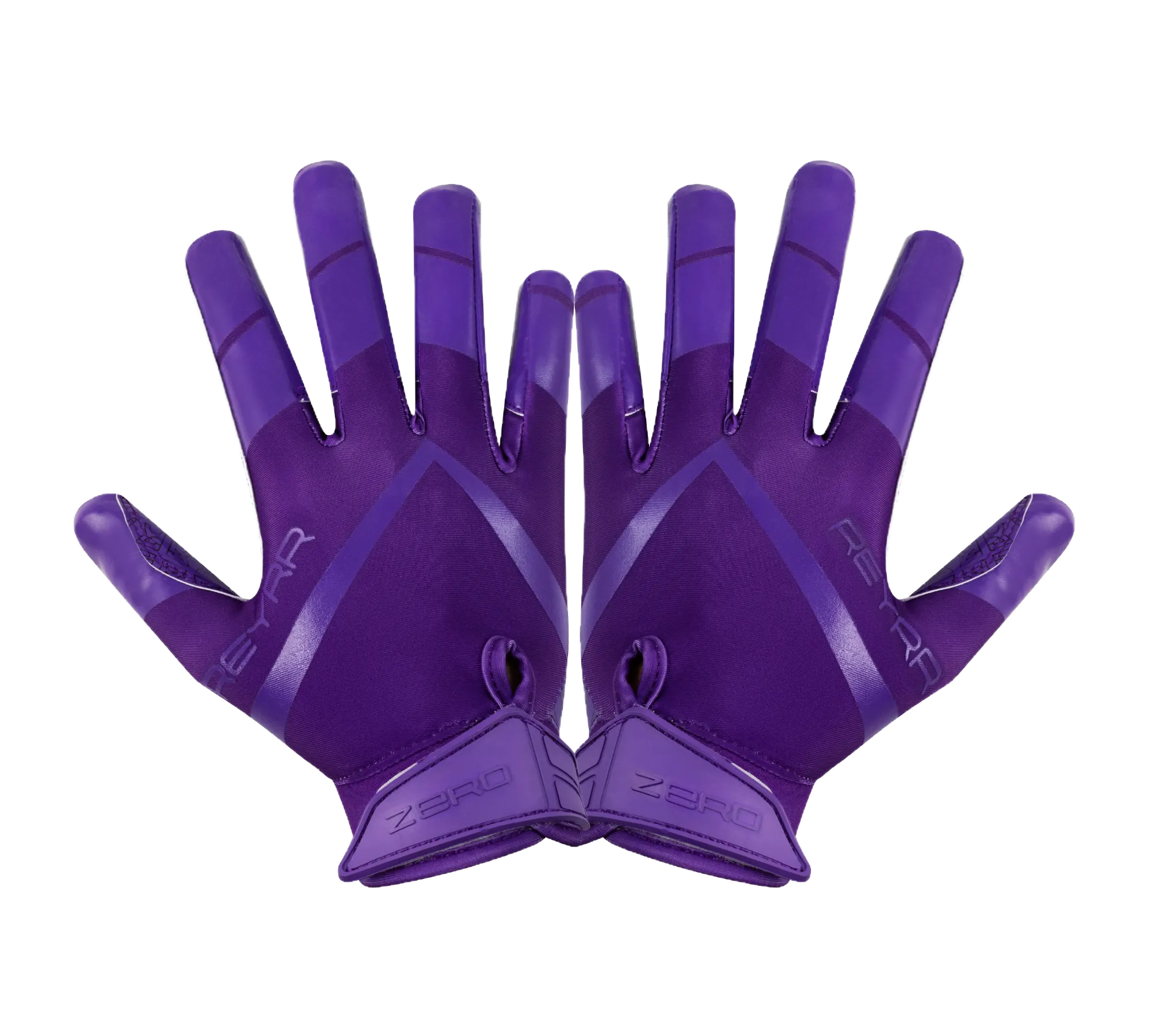 Purple Reyrr Zero gloves with Reyrr GripTech technology for enhanced grip and breathable nylon back, designed for football and floorball players.
