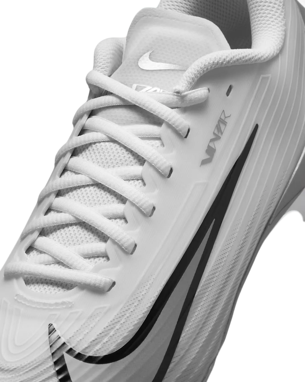 Nike Vapor Speed 3 football cleats in white with black swoosh, lateral view