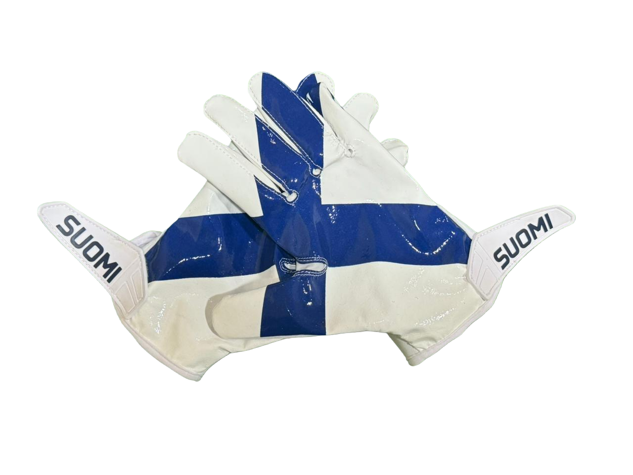 Reyrr ELITE Nordic Edition football gloves with Finland flag design and Vapor-Stick Grip Technology.