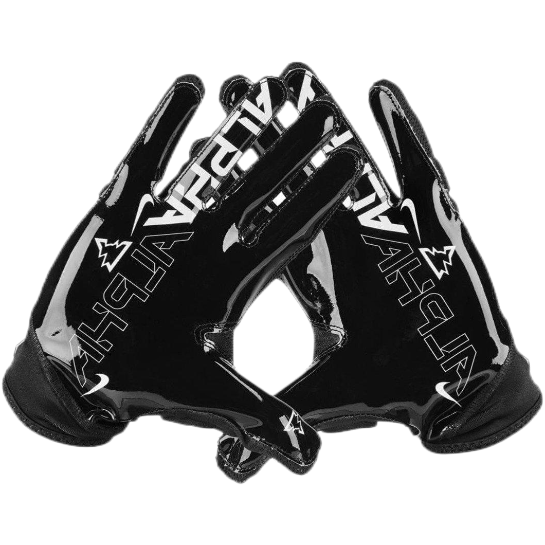 Pair of black Nike Superbad 6.0 football gloves with glossy sticky Magnigrip palms and white Alphah lettering.