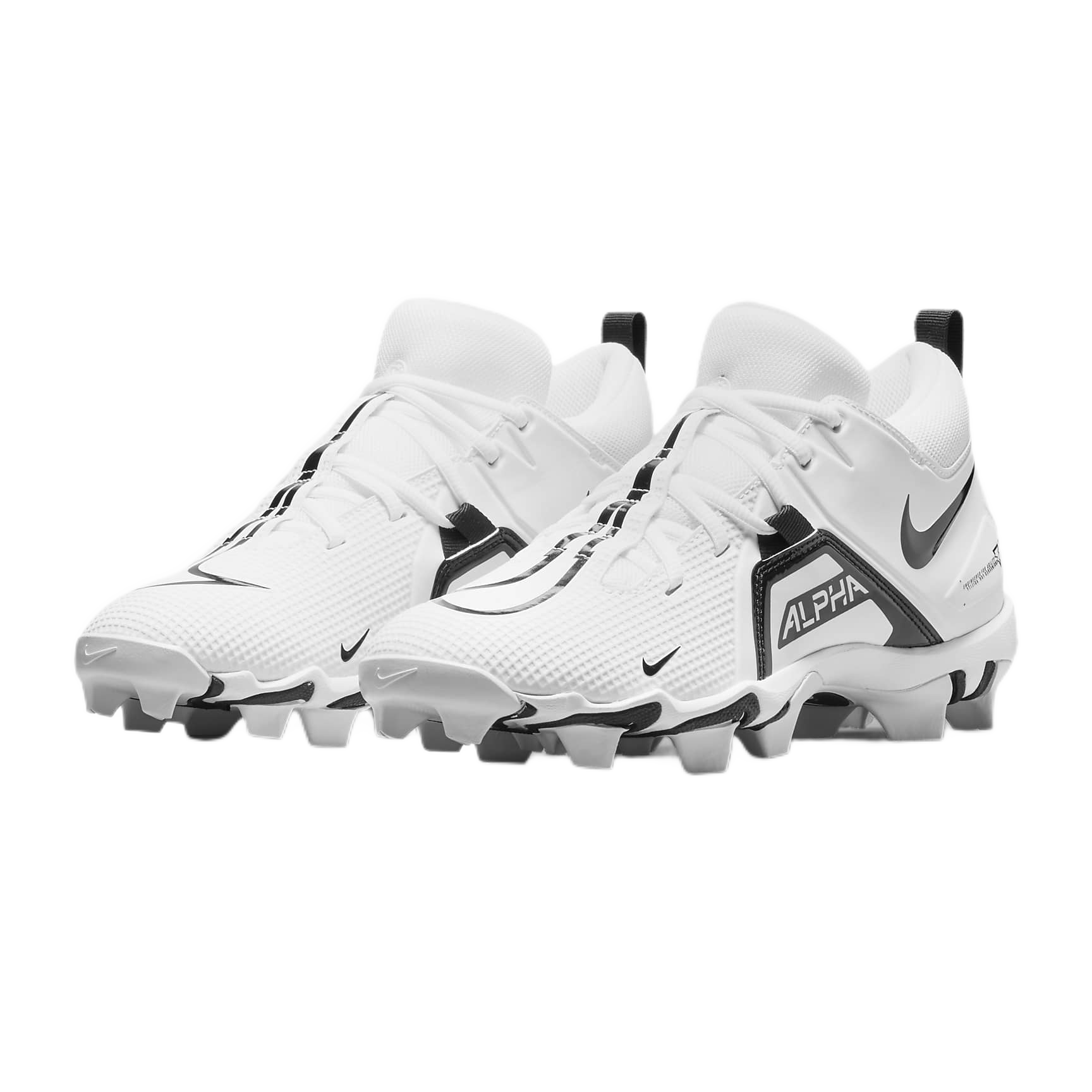 Nike Alpha Menace Shark 3 football cleats in white with black accents, synthetic leather uppers, molded front details, and rubber-studded soles for traction and flexibility.