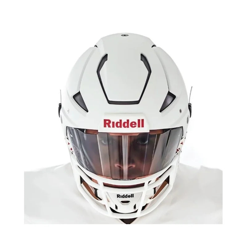 Front view of a white Riddell Axiom football helmet with a tinted visor and red branding
