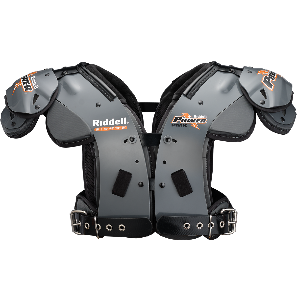 Riddell Power PMX Linemen shoulder pads with energy management materials, swivel pivot arch attachment, and adjustable pivot belting system.
