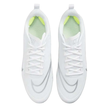 Top view of white Nike Alpha Huarache 8 Pro sports shoes with grey swoosh and neon green inner padding