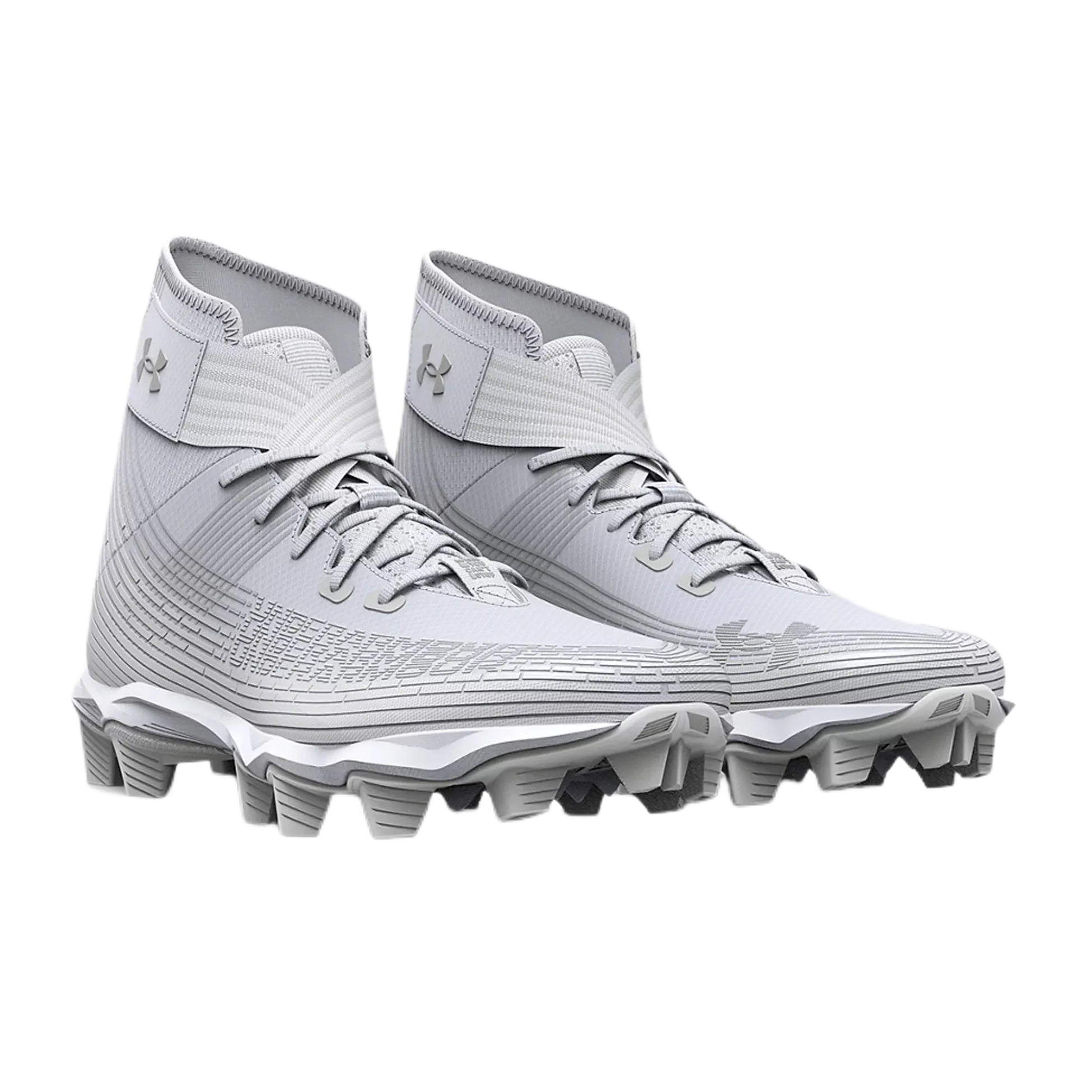 Under Armour Highlight Fran RM white football cleats with synthetic upper and molded rubber cleats for traction