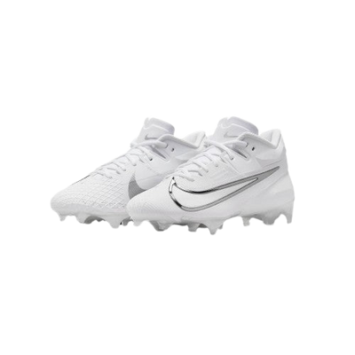 Nike Vapor Edge Elite 360 white football cleats with silver swoosh and wide stud design for flexible support and quick cuts