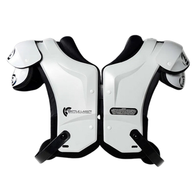 Battle Defender Adult shoulder pads in white and black, back view