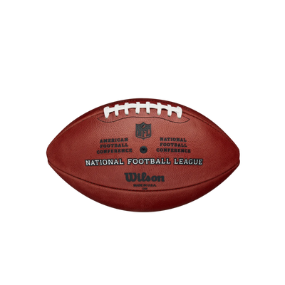 Wilson Duke NFL football side view with white laces and NFL shield