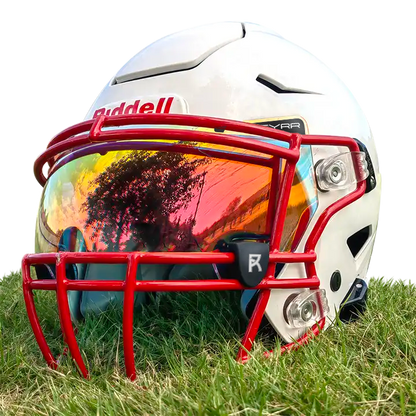 Reyrr VIZU Clear Inferno football visor with ultra-wide distortion-free red lens, compatible with Riddell Speedflex and Schutt F7 helmets, featuring breakage-resistant polycarbonate and UV protection.