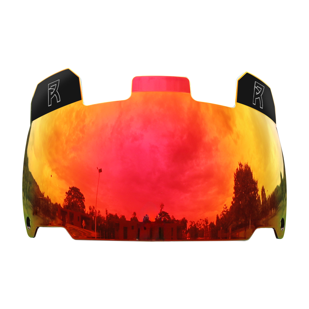 Reyrr Revo Inferno sunglasses with ultra-flexible frames, enhanced peripheral vision, and UV protective orange-red mirrored lenses.