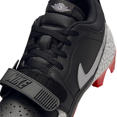 Jordan Legacy 312 Low TD closeup of the black leather upper with white Jumpman swoosh and Nike strap