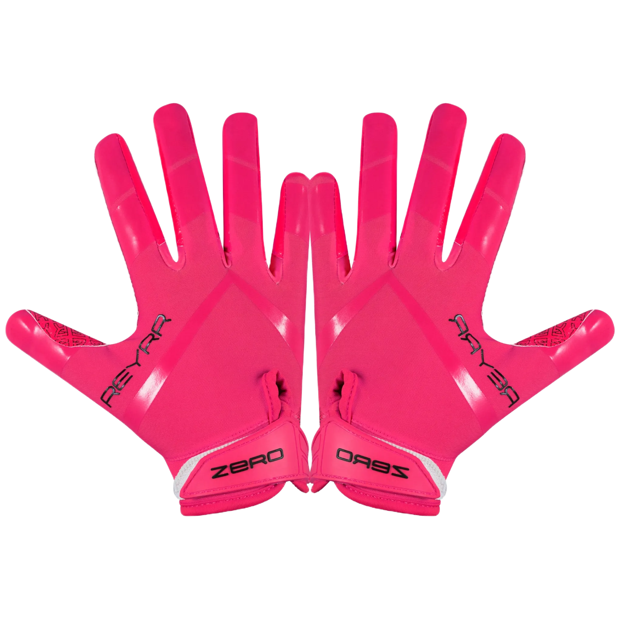 Reyrr Zero Colorway Edition bright pink football gloves with GripTech palm and adjustable neoprene cuff for secure fit and superior ball control.