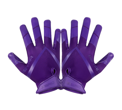 Purple Reyrr Zero gloves with Reyrr GripTech technology for enhanced grip and breathable nylon back, designed for football and floorball players.