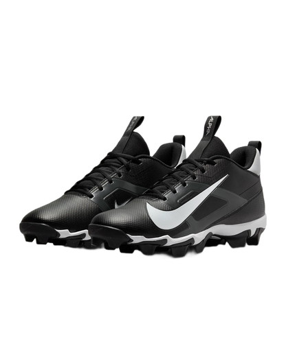 Nike Alpha Menace 4 Shark black and white football cleats with breathable mesh and synthetic leather.