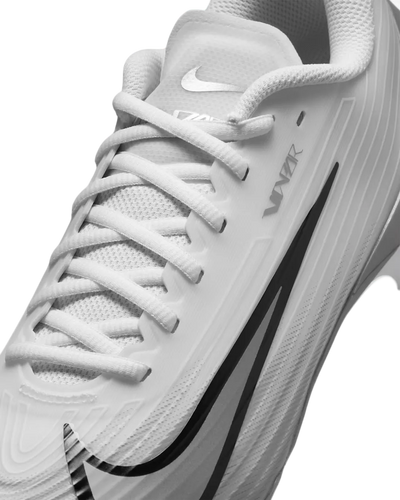 Nike Vapor Speed 3 football cleats in white with black swoosh, lateral view