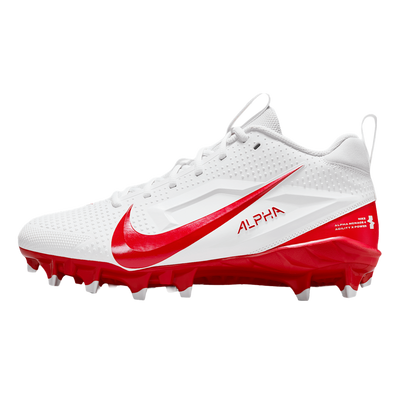 White and red cleated shoe with 'Alpha' branding on a white background