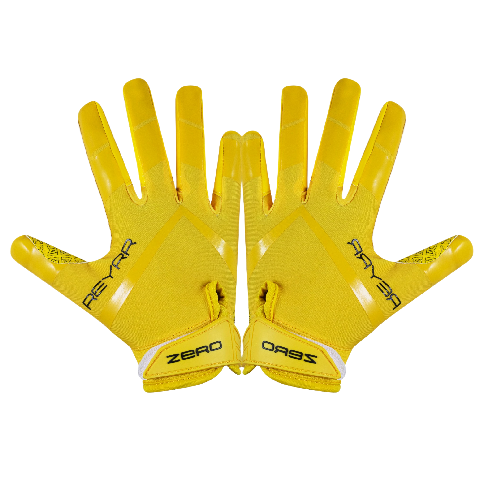 Yellow Reyrr Zero gloves with Reyrr GripTech technology for football and floorball, featuring enhanced silicone and breathable nylon design.