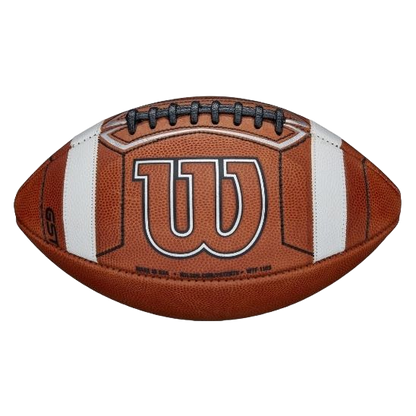 Wilson GST Prime brown American football with white stripes and black laces, featuring enhanced grip and control design.