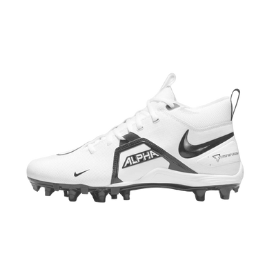 Nike Alpha Menace Varsity 3 white football cleat with black accents and studded sole for agility and stability