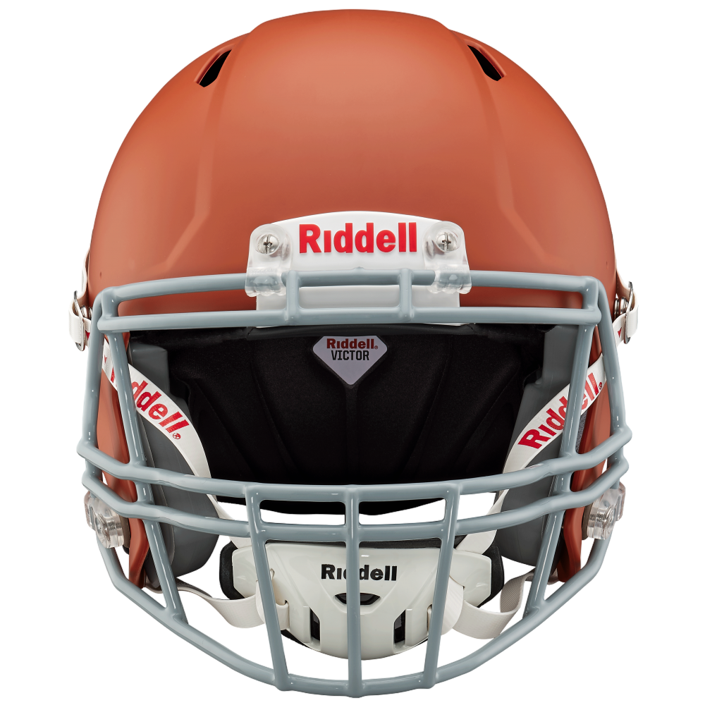 Front view of Riddell Victor-I youth football helmet in orange with gray facemask and black interior padding