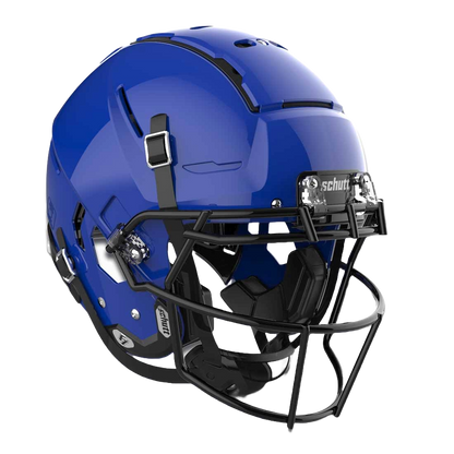 Blue Schutt F7 VTD collegiate football helmet with black facemask and advanced protective padding system