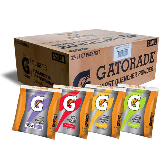 Gatorade powder packages in front of a large cardboard box