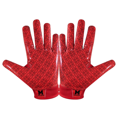 Red Reyrr Zero gloves with black pattern and wrist size label, designed for superior grip and comfort in football and floorball.