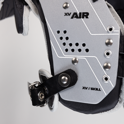 Schutt XV AIR chest plate badge and XV Skill cut detail