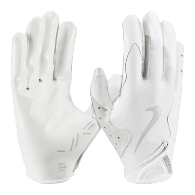 Nike Vapor Jet 8.0 white football gloves with Magnigrip+ palms and breathable, flexible back material.