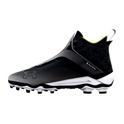 UA Highlight Hammer MC lightweight football cleat with durable upper, lace protection, cushioned midsole, and supportive traction studs in black and white design