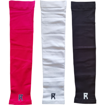 Reyrr Compression Arm Sleeves in pink, white, and black made of breathable, elastic, sweat-wicking fabric with UV protection sold in pairs.