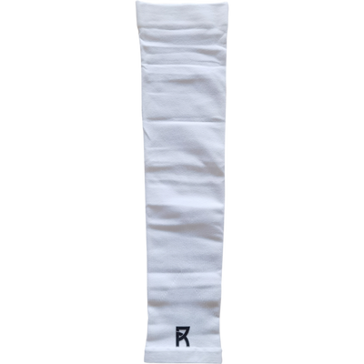 Reyrr Compression Arm Sleeves 2-pack breathable, elastic, UV protection sleeves in white made from nylon, spandex, and ice silk.