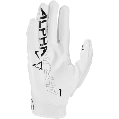 White Nike Superbad 6.0 football glove with Alpha graphic and Magnigrip palm technology.