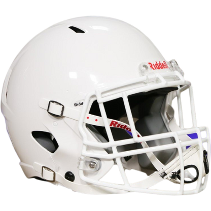 White Riddell Victor-I youth football helmet with Impact lateral protection and inflatable jaw pads for custom fit.