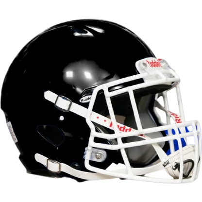 Riddell Victor-I youth football helmet in black with white facemask, impact lateral protection, and inflatable jaw pads for custom comfort
