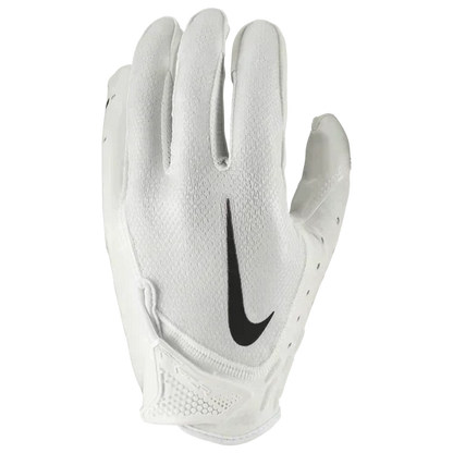 White Nike Vapor Jet 7 football glove with black swoosh logo and breathable, grip-enhancing design
